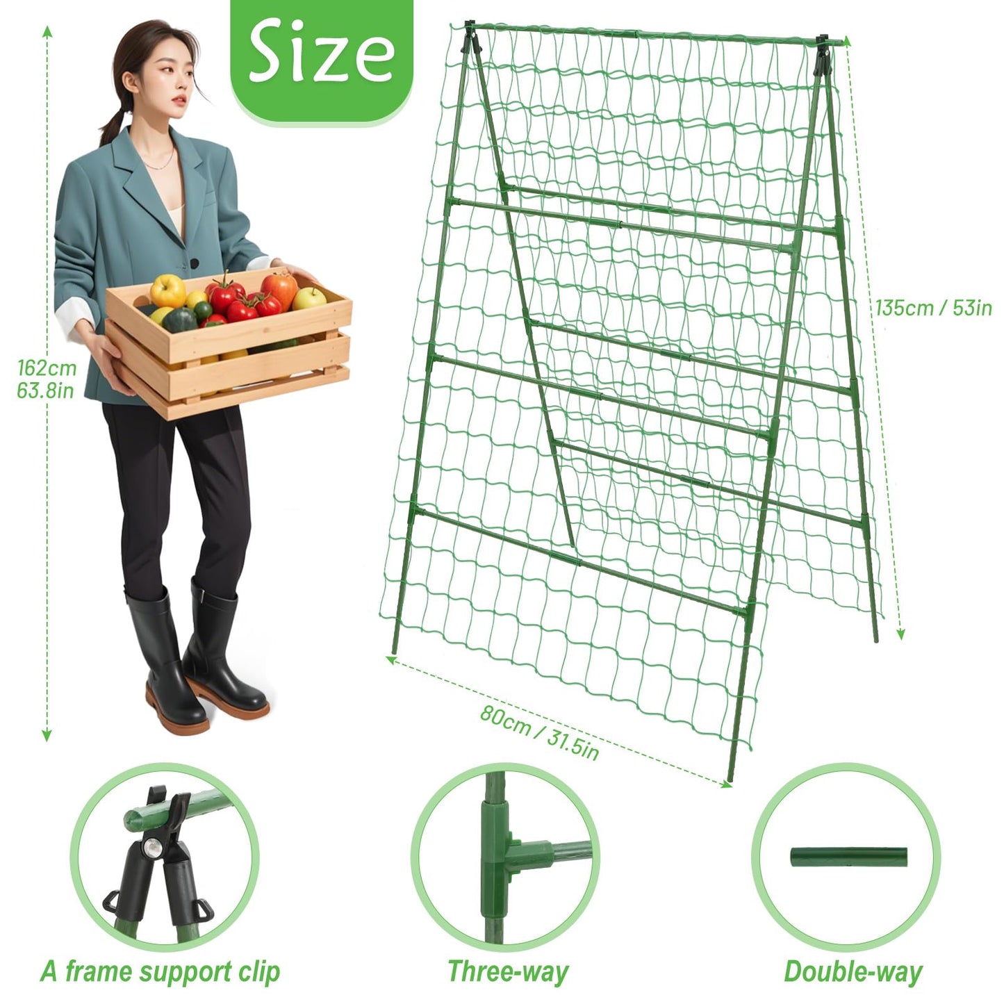 32 x 53 Inch Cucumber Trellis for Climbing Plants Outdoor A-Frame Garden Trellis for Raised Bed Detachable Sturdy Garden Plant Support Trellis for Small Plant Vegetable Flower Grape with Climbing Net