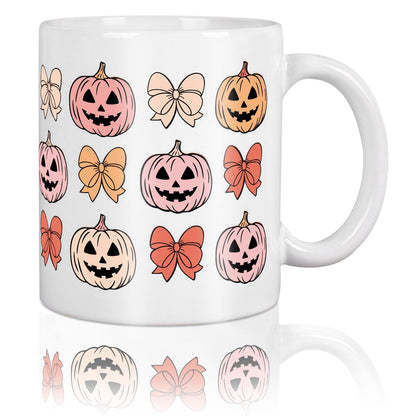 JarThenaAMCS Halloween Mug Retro Pumpkin Bow Coffee Mug Orange Pink Groovy Ceramic Drinking Cup for Halloween Fall Party Supplies Table Centerpieces, 12 Oz