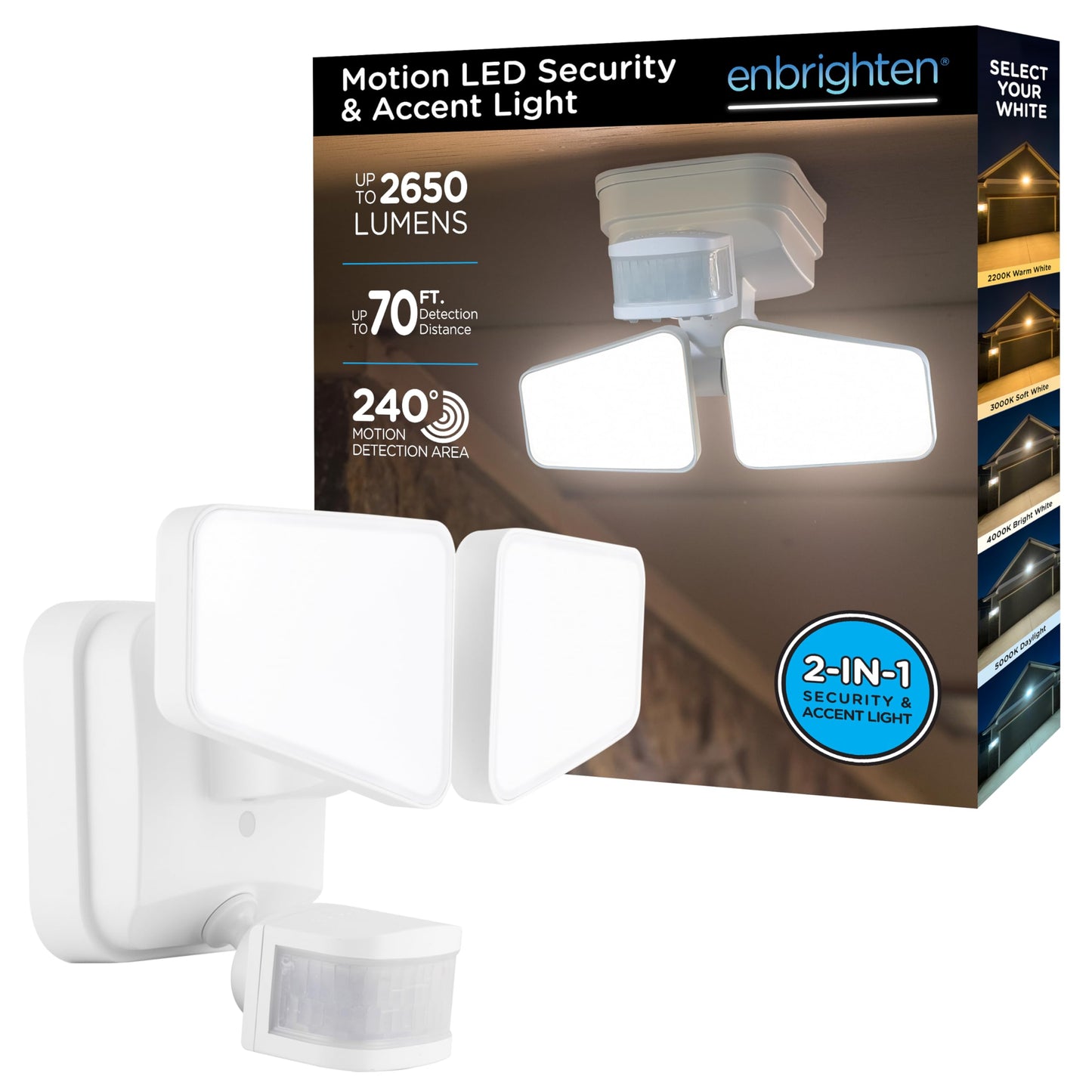 Enbrighten 2-in-1 LED Flood Light Outdoor, Security Light, 2480 Lumens, 2 Adjustable, 2200K-5000K, Motion Sensor Outdoor Light, White, 2 Head, Perfect for Driveway, Patio, Garage, and More, 40940