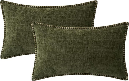 MIULEE Pack of 2 Lumbar Throw Pillow Covers 12x20 Inch Olive Green Farmhouse Decorative Pillow Covers with Stitched Edge Soft Chenille Solid Dyed Pillow Covers for Couch Sofa Bed Living Room