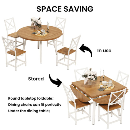 IRONCK Dining Table Set for 4, Round Kitchen Table and 4 Stool Chair for Dining Room, 44.5inch Drop Leaf Desk, Small Space Saving, Natural Wood