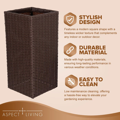Aspect Living Tall Planter and Sierra Square Wicker Planter Set of 2 - Modern Outdoor Planters for Patio, Balcony, or Garden