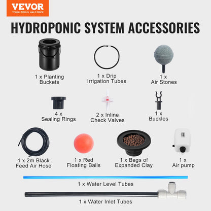 VEVOR DWC Hydroponics Grow System, Hydroponic Growing System with Top Drip Kit, 5-Gallon Deep Water Culture with Air Pump, Air Stone and Water Level Device for Leafy Vegetables(1 Bucket+Top Drip Kit)
