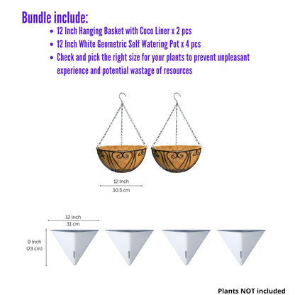 LaLaGreen Bundle- 4 Pack, 12 Inch White Geometric Self Watering Pot + 2 Pack,12 Inch Metal Wire Hanging Basket with Coco Liner Flower Plant Holder Hanger Balcony Patio Deck Modern Stylish Garden Decor