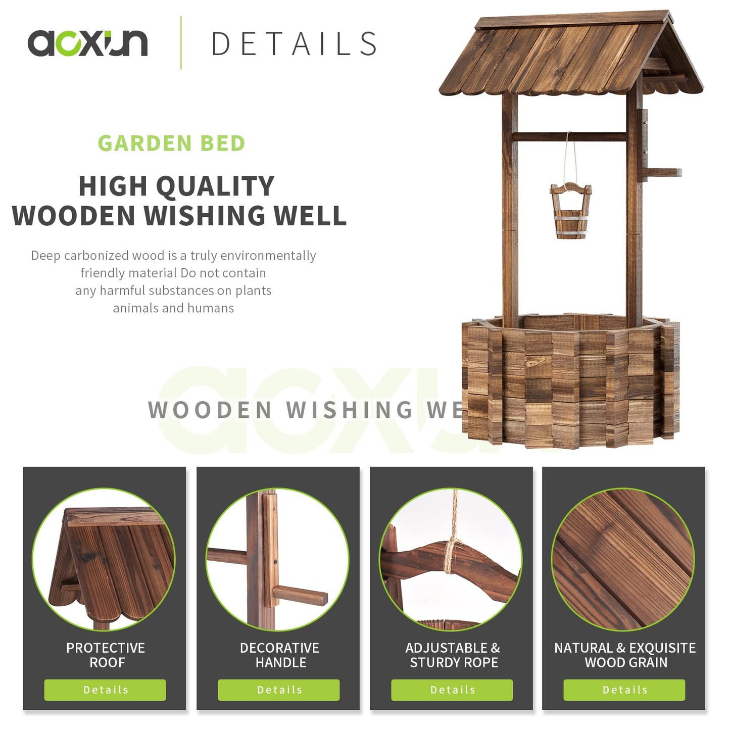 Aoxun Outdoor Wooden Wishing Well Planters with Hanging Bucket, Garden Helper, Rustic Garden Decor for Outside, Yard and Patio, Upgrade - Reinforced Base, Brown