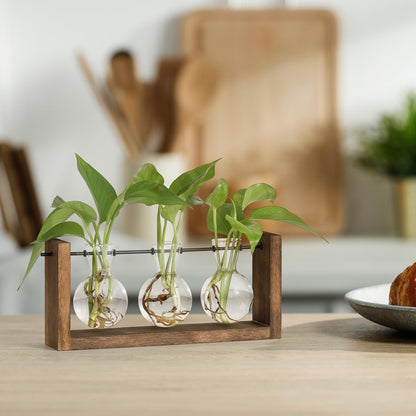 YIBOT Wall Hanging Planter Propagation Station Glass Flower Vase for Hydroponics Plants, Plant Terrarium with Wooden Stand, Bathroom, Home Office Living Room Decor Gift