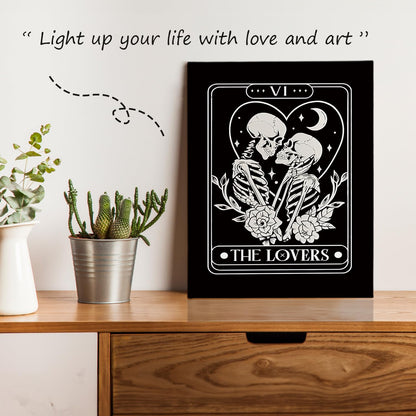 APJYM Gothic Skeleton Wall Decor, Tarot Card the Lover Canvas Wall Art, Gothic Halloween Witchy Room Decor, Witch Stuff, 11x14 Inches Framed