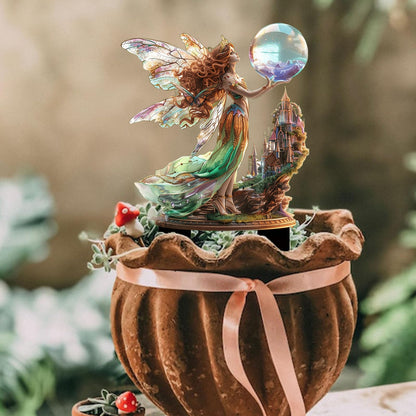 ANNUOZE Fairy Garden Stake Decor, 2D Flat Acrylic Fairy Garden Decor Panel, Elf Yard Sign for Outdoor Indoor Yard Lawn Plants Pots, Fairy Garden Accessories (Fairy with Crystal Ball)