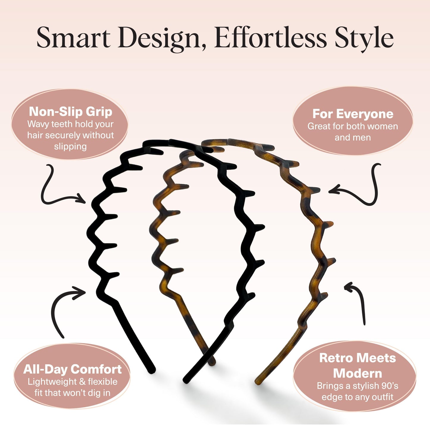 Kitsch Zig Zag Headbands for Women Non Slip – Fashion Accessories for Slicked Back Styles - Comfortable Comb Headband with Teeth | Ideal Gifts for Women - Tortoise & Black Headband - 2 pcs