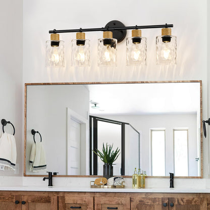 MOKATNG Bathroom Light Fixtures, 5-Light Coastal Vanity Lights with Crystal Glass Shade, Black Bathroom Wall Lamp for Mirror Kitchen Hallway Cabinet
