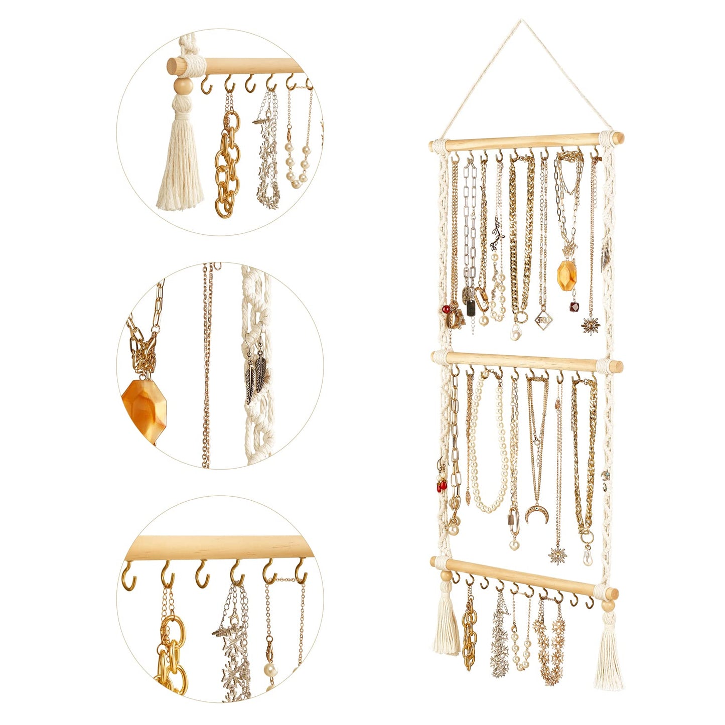 Dahey Hanging Jewelry Organizer Macrame Necklace Holder with 30 Hooks and Headband Holder with 30 Hooks Boho Decor for Baby Girls Room