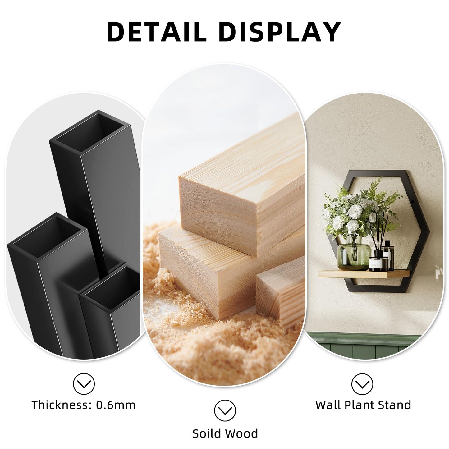 Rioneta 3 Pack Solid Wood & Heavy Duty Metal Wall Plant Stands,9 inch Natural Wood Shelf, Boho Arch Hanging Planter for Indoor 25 LB Load for Plants Black