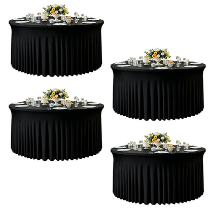 4 Pack 132 Inch Black Round Tablecloth, Fitted Tablecloths for 6FT Round Tables, Spandex Table Cover with Table Skirt for Wedding Photography Party Professional Events Halloween Decoration Indoor