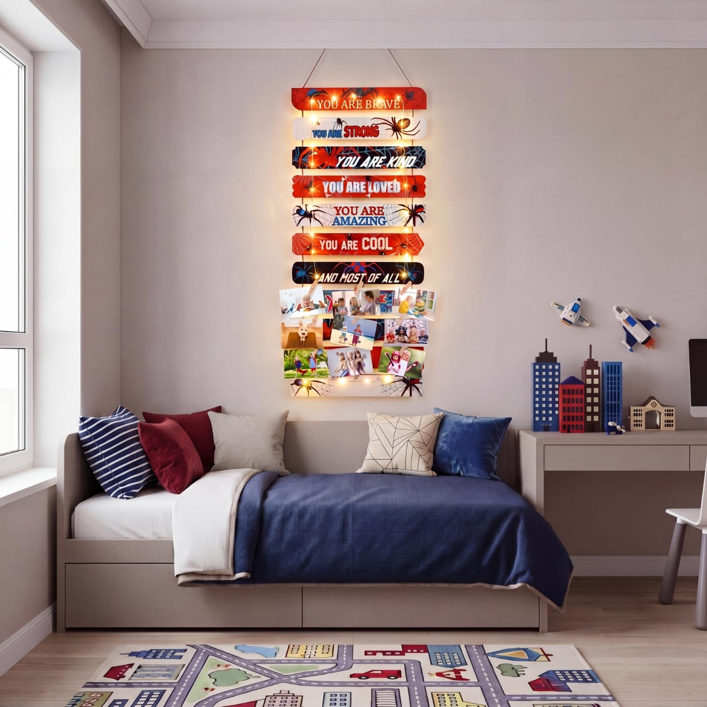 Threehoney Spider Room Decor with LED Lights for Boys Bedroom Wall Decor, Inspirational Spiders You Are Brave Wall Lights Art Decorations for Little Boy Kids Teen Room Playroom Sign Birthday Gifts