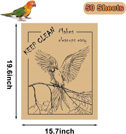 50PCS Disposable Bird Cage Liners 19.6x15.6 Inch Absorbent Precut Paper Pads for Parrots & Small Birds - Cage Bottom Protectors with Quick Cleanup Design