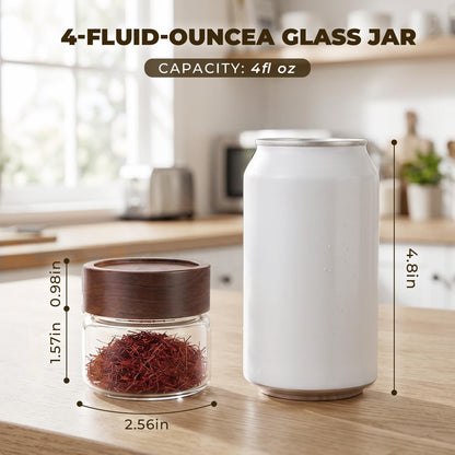 Kalnsa 6 Pack 4 oz Glass Jars with Lids, Small Mason Jars with Airtight Acacia Wood Lid, Mini Glass Spice Jars for Kitchen Pantry Organization, 4oz Small Containers for Coffee Sugar Tea & Candy