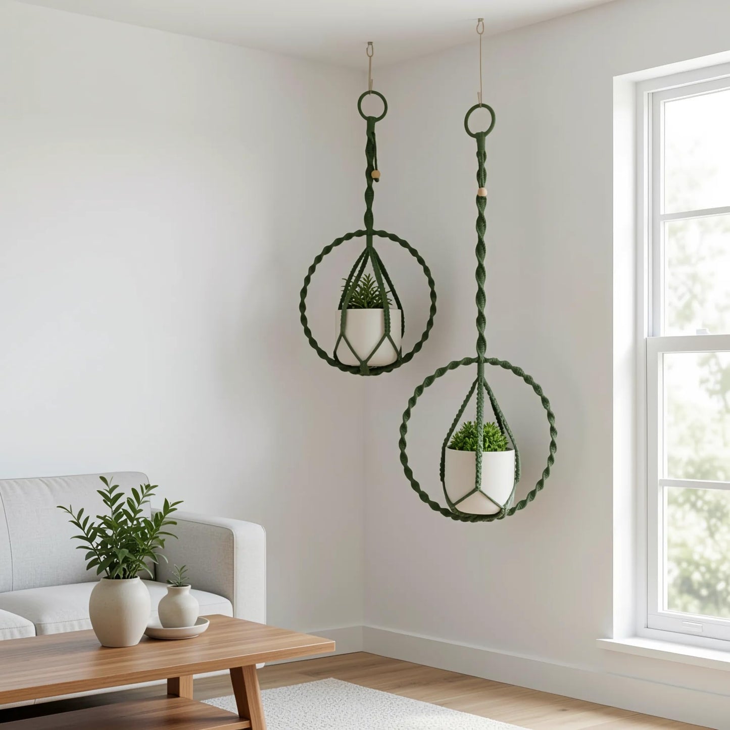 Macravine 2-Pack Handcraft Plant Hanger with Circular Ring, Hobo Art Planter Holder for Window, Macrame Plant Hanging Round, 2 Size 11.8"*23.6, 11.8 * 31.5", Green Color （No Pot and Plant Included