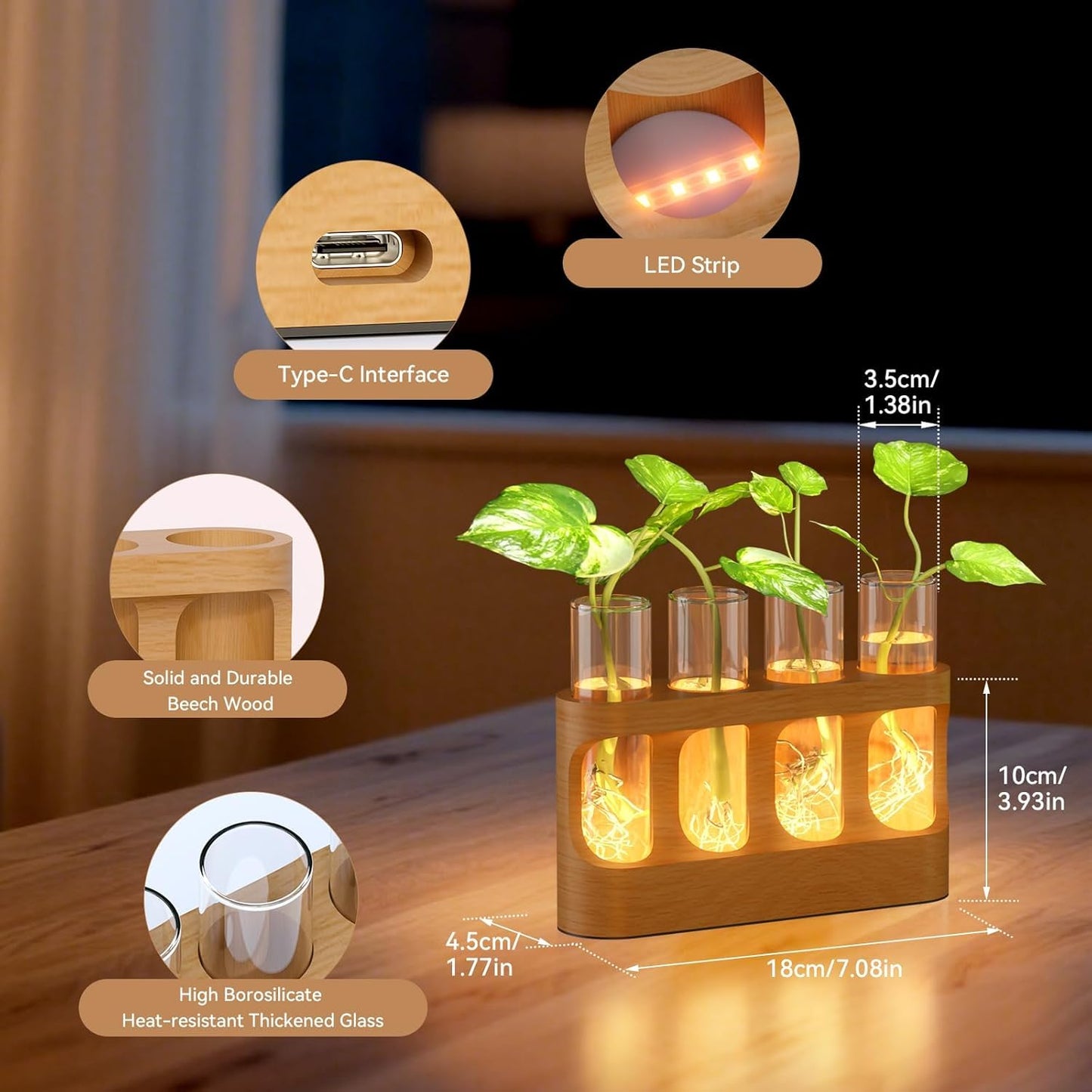 Varjjae Plant Propagation Station with Wooden Stand, Gardening Gifts for Plant Lovers, 9-Level Dimmable LED Light 4 Glass Test Tubes Vases for Hydroponic Plants - Desktop Terrarium for Home Decor