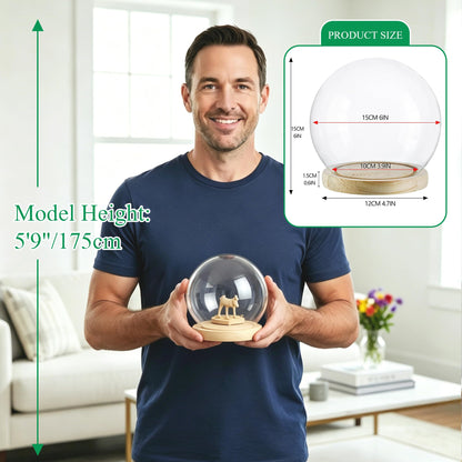 ZEERSHEE Round Globe Cloche Glass Dome with Wooden Base, 6" Glass Display Dome for Succulents, Plants & Keepsakes, Decorative Sphere Cloche Bell Jar for Collectibles & Home Decor