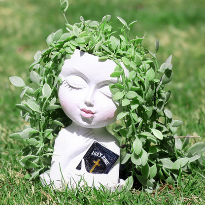 Meltset M Face Planters Pots Head for Indoor Outdoor Plant Unique Head Planter Holding Book Confessional Girl Face Flower Pot with Drainage for Succulent Cactus String Of Pearls Plant Gift Idea(White)