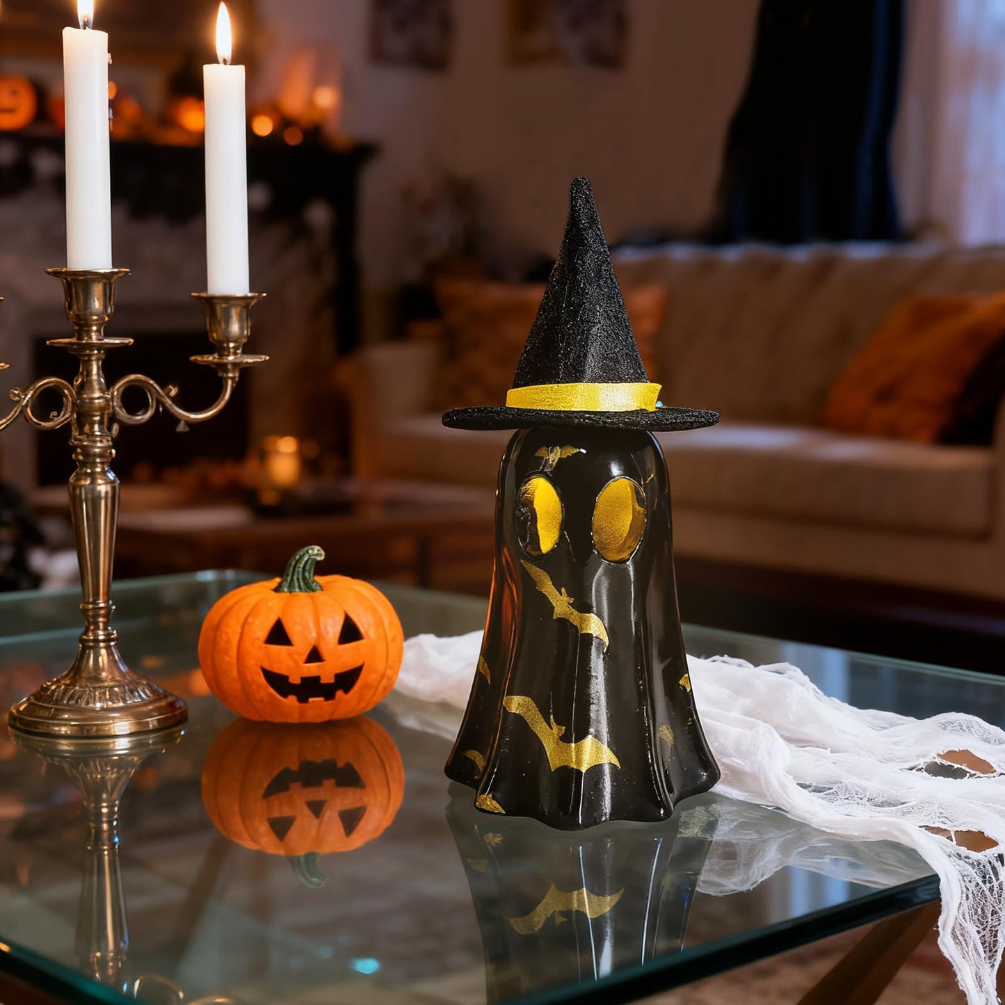 Cute Ghost Wearing a Hat for Halloween Decor Indoor, 3D Resin Night Light, Simple Pottery Barn Halloween Decor for Party Bedroom Study Room Funny Gifts Indoor 3D LED Nightlight Figurine (Black)