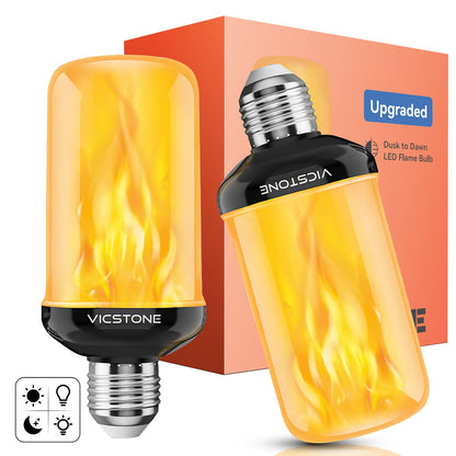 Vicstone Upgraded Dusk to Dawn LED Flame Light Bulbs Outdoor, 4 Modes Flickering Light Bulbs with Upside Down Effect, E26 Fire Bulb for Halloween Christmas Party Patio Porch Home Indoor Decorations, 2