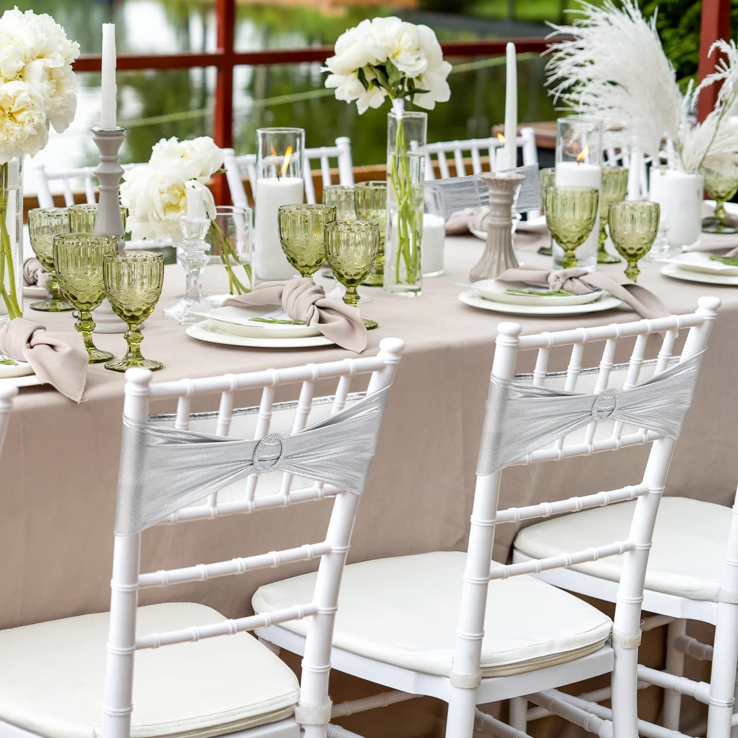 Oudain 120 Pieces Spandex Chair Sashes with Buckle Stretch Chair Cover Bands Bows for Wedding Hotel Banquet Events Decorations Sashes(Silver)