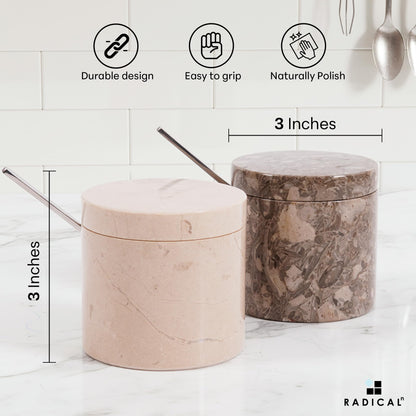 Radicaln Marble Salt Cellar with Lid and Tray 3" Inch Oceanic & Verona Handmade Set of 2 Seasoning Jars For Kitchen Storage, Ideal Table Sugar Bowl & Salt Dish For Countertop