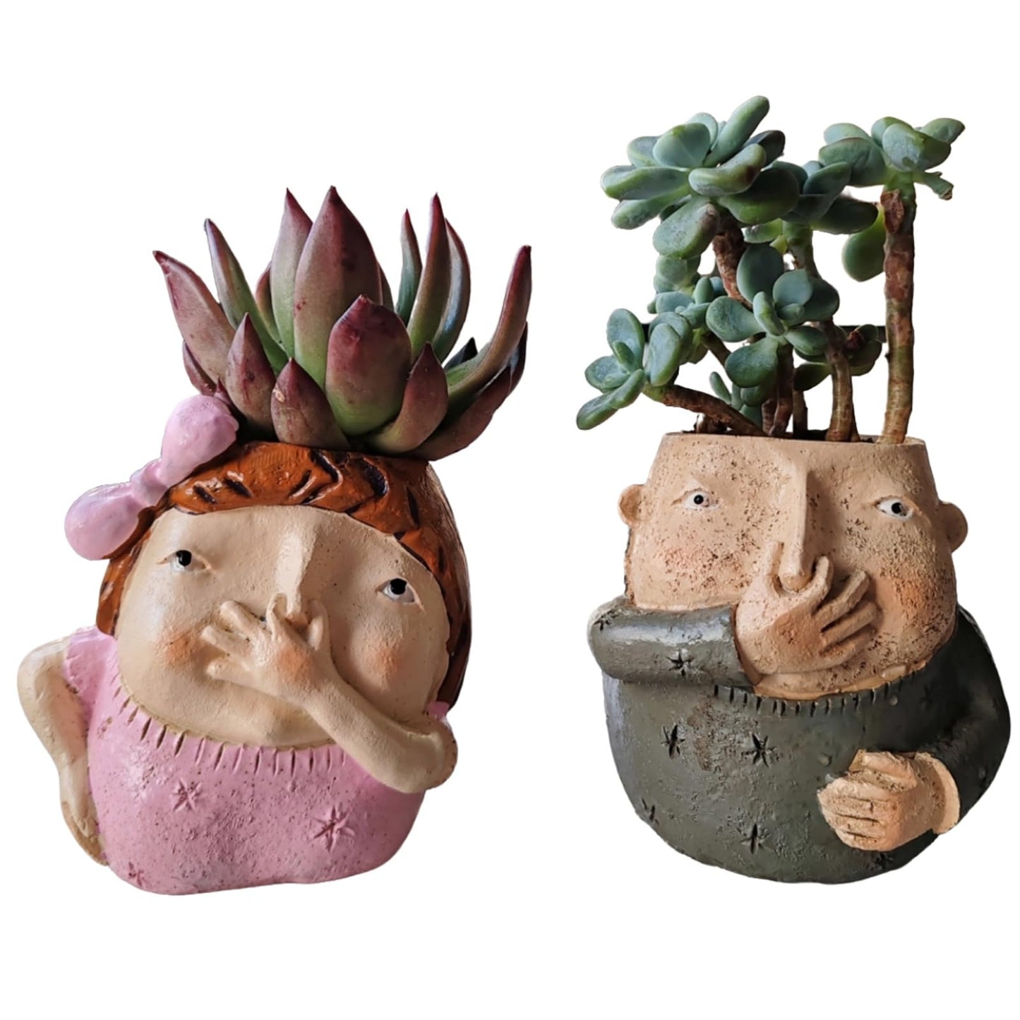 MOSYFEIBI Boy and Girl Planter Pot Set of 2, Whimsical Kids Planters for Indoor Outdoor Plants, Resin Succulent Pot with Drainage, Weather-Resistant Farmhouse Garden Decor (Boy and Girl)