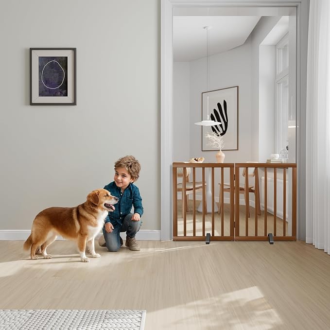 Semiocthome Dog Gate Indoor 2-Panel Freestanding Puppy Gates for The House with 2 Metal Stands 24" H Folding Wood Pet Gate for Stairs Doorway, Fully Assembled Safety Fence - Walnut