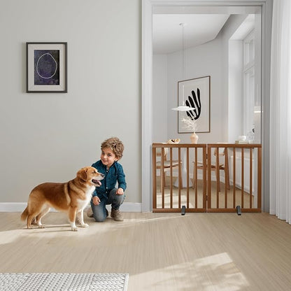 Semiocthome Dog Gate Indoor 2-Panel Freestanding Puppy Gates for The House with 2 Metal Stands 24" H Folding Wood Pet Gate for Stairs Doorway, Fully Assembled Safety Fence - Walnut