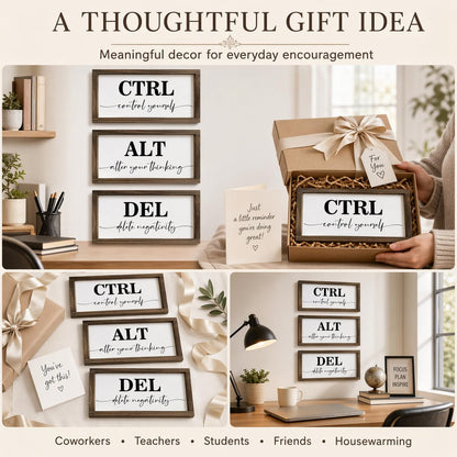 Pinetree Art Motivational Wall Decor for Office, Set of 3 Rustic Wooden Framed Signs, CTRL ALT DEL Inspirational Wall Art for Home Office, Classroom, Desk Wall, Positive Mindset Decor, (6"x12"x3)