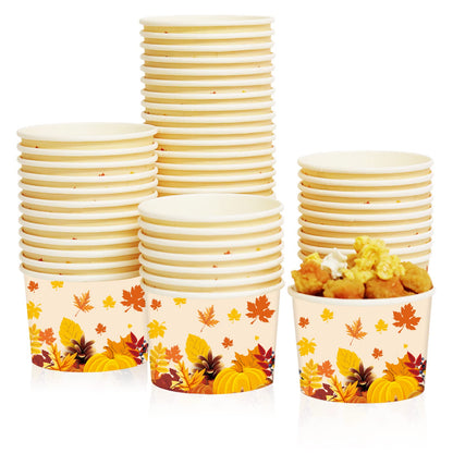 gisgfim 50Pcs Thanksgiving Snack Bowls, Fall Disposable 9 oz Paper Treat Cups Autumn Themed Dessert Bowls Soup Cups for Hot or Cold Food Party Supplies