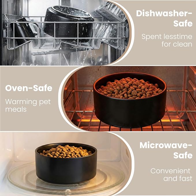 hjn Elevated Ceramic Dog Bowl with Bamboo Stand, Raised Pet Feeding Station for Small Medium Dogs Cats, Modern Design with Anti-Slip Base (Black, 3.6Cup)