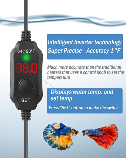 AquaMiracle Mini Aquarium Heater 5V/2A USB 10W Small Fish Tank Heater for Tanks up to 1 Gal, Digital Display Thermostat Betta Heater with Dry-Run & Overheat Protection, Memory Function