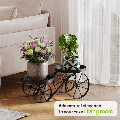 Cute Plant Stand Indoor Outdoor 2-Tier Metal Heavy Duty Flower Pot Holder with Decorative wagon wheels, Multi-Use Planter Display Rack Shelf for Garden Patio Balcony Living Room Corner (Black)
