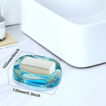 FONMY Soap Dish Acrylic w/Nature Seashell Bar Soap Holder Shower Soap Tray for Home, Camping Travel, Dry Stop soap Saver for Bathroom Vanity Countertop Office Unique Gifts and Home Decoration (Blue)