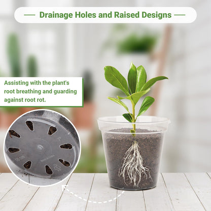 GREANER 7 Inch Transparent Plastic Garden Pots, 6 Inch Black Plant Pot Holders, 15 PCS Clear Plant Pots with Drainage Holes, 6 PCS Wall Mounted Pot Hook Bracket for Balcony, Home, Garden, Yard