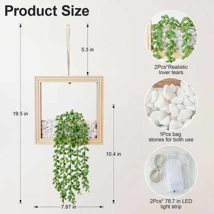 FancyPlus 2 Pack Fake Plants Hanging, Artificial Succulents Plants in Square Wooden Frame with LED Lights, Boho Wall Decor for Office Living Room Bathroom Bedroom Kitchen Indoor Outdoor, Natural Wood
