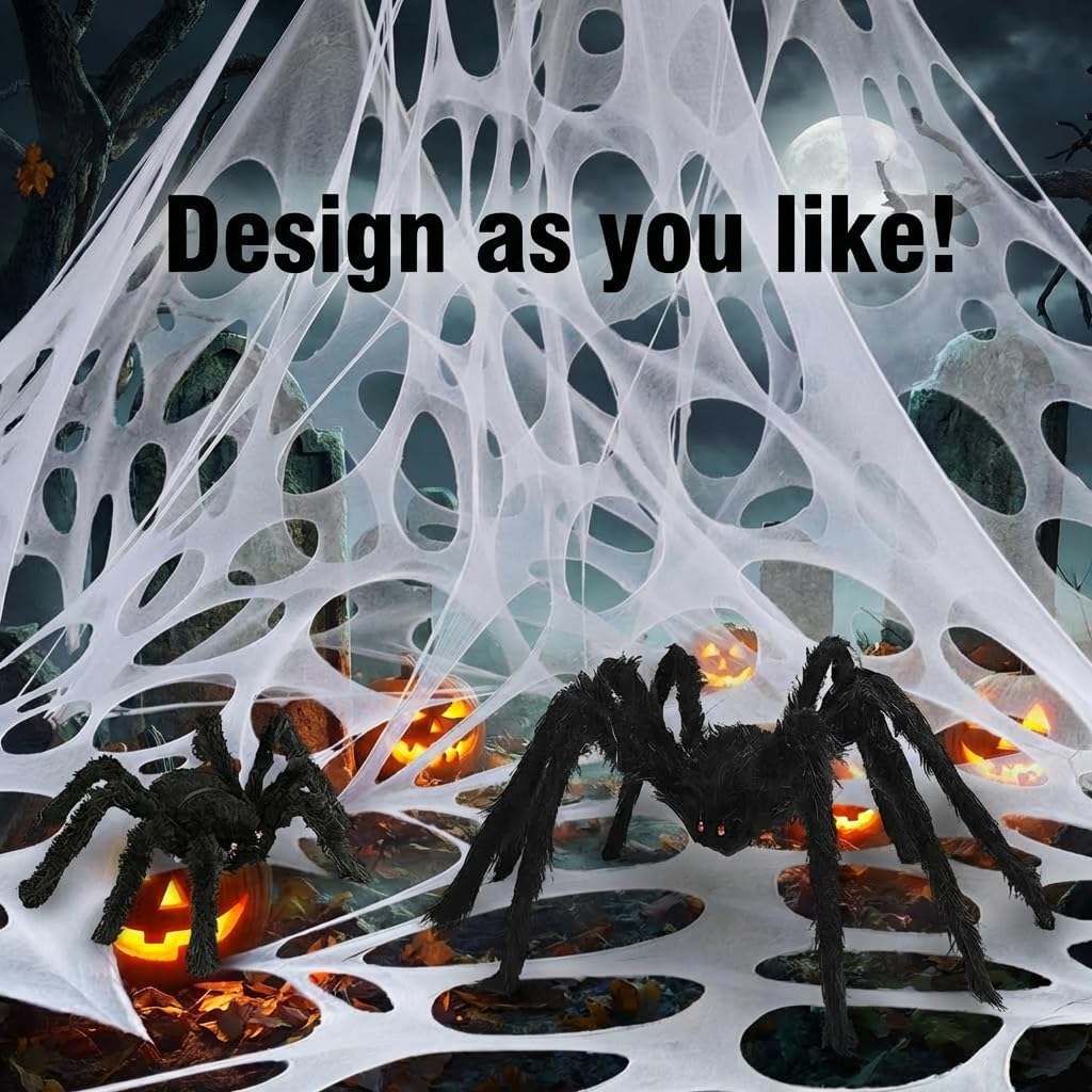 wymulot 1200 Sqft （After Streched with Holes） Uncut Giant Spider Web Halloween Decorations Outdoor with 10 Ground Nails Stretchy Beef Cloth Netting Cut-Your-Own Flexible Elastic for Yard Party Decor