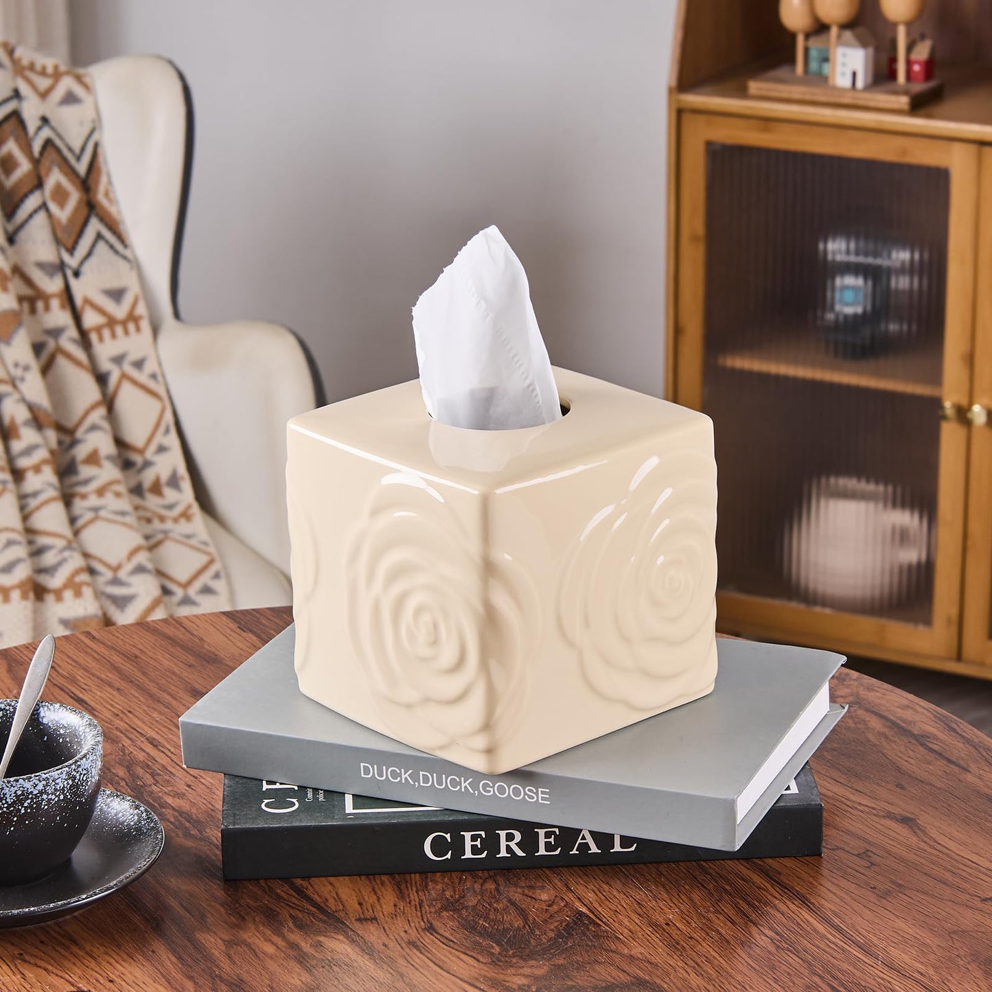 Beige Ceramic Cube Tissue Box Cover with Rose – Large Elegant Rose Floral Square Decorative Tissue Box Holder for Bathroom, Bedroom, Office Desk, Kitchen Counter – Perfect Housewarming Gift