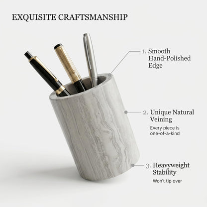 EEJHJNZZ Natural Marble Pen Holder for Desk, Handmade Organizer for Stationery & Makeup Brushes, Sturdy, Classic Grey Office Desk Decor and Gift Idea