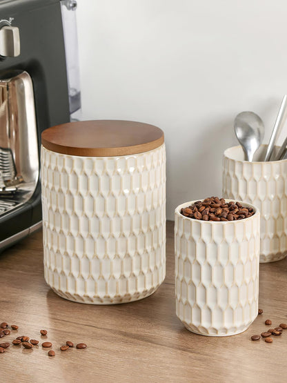 ArteBake Ceramic Canisters Sets for the Kitchen, Flour Sugar Storage Containers, Diamond-Patterned Design, Coffee Canister with Airtight Lid for Counter Spice and Food (White Sets of 2)