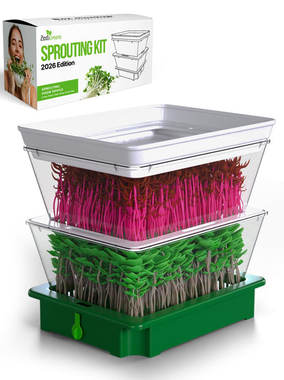 ZESTIGREENS 2-Tier Sprouting Kit - Stackable Seed Sprouter Trays with Drain Spout - Grow Fresh Sprouts at Home - BPA-Free