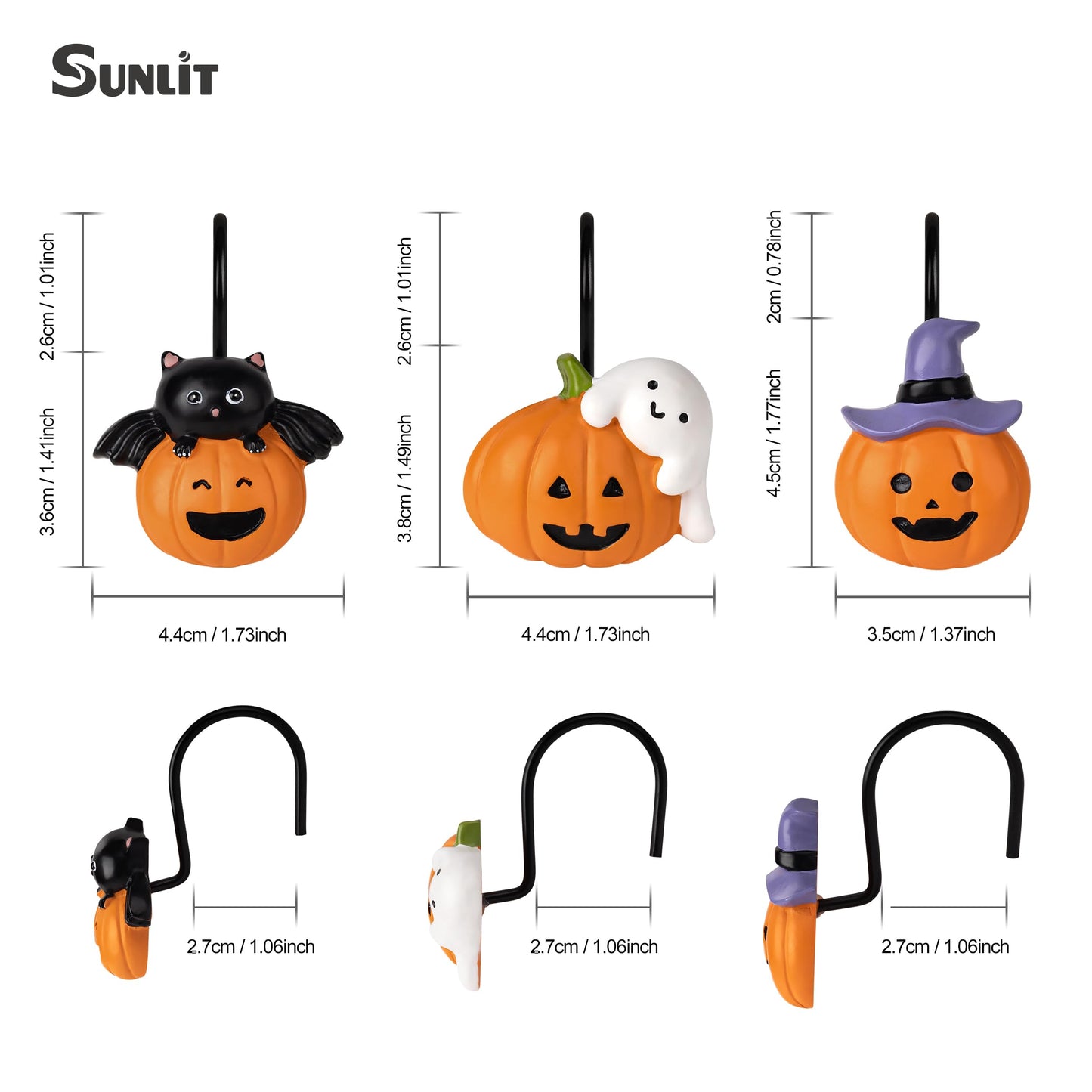 Sunlit Halloween Jack-O'-Lantern Shower Curtain Hooks, Home Decorative Ghost Shower Curtain Rings for Bathroom, Cat Shower Curtain Hangers Bathroom Accessories, Set of 12