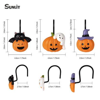 Sunlit Halloween Jack-O'-Lantern Shower Curtain Hooks, Home Decorative Ghost Shower Curtain Rings for Bathroom, Cat Shower Curtain Hangers Bathroom Accessories, Set of 12
