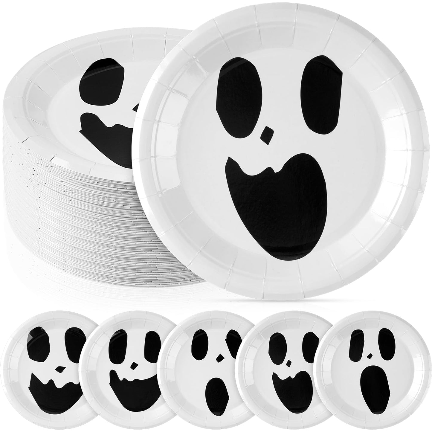 Roshtia 100 Pcs Halloween Paper Plates 7 Inch Round Decorative Ghost Dinner Plates Bulk for Trick or Treat Birthday Party Supplies