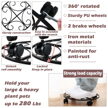 6-pack 15.8 inches Extra-large Metal Plant Caddy with Wheels Rolling Plant Stands Wheeled Plant Dolly Coasters Heavy-duty Pot Mover Roller Base Indoor Outdoor Garden Planter Trolley Cart, Black
