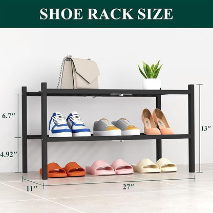 Smiry Bamboo Shoe Rack, 2 Tier Free Standing Wooden Shoe Organizer, Stackable Wood Shoe Storage Shelf for Closet, Entryway, 14 Vertical Slats, One-piece Heavy-Duty Legs, 26.8"x11"x13", Black