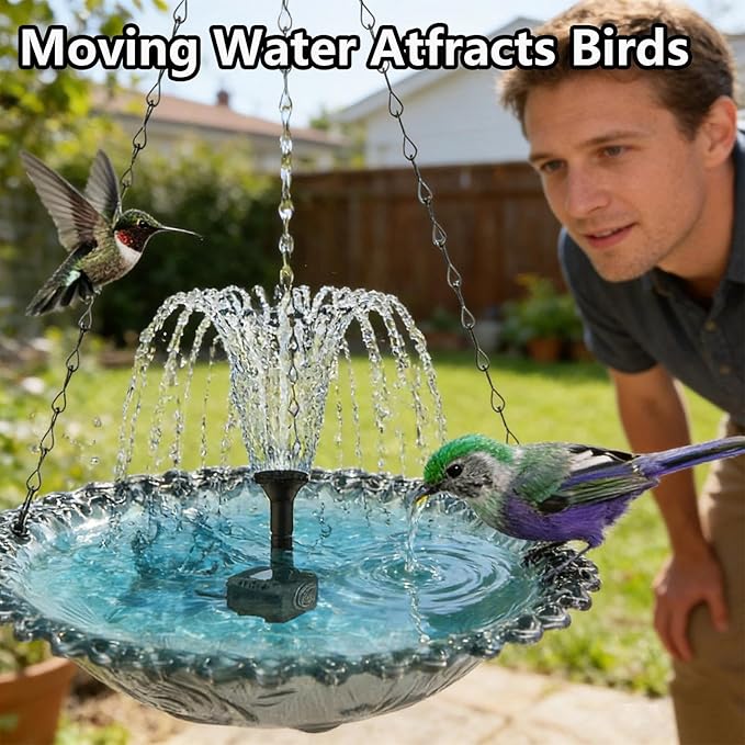 Hanging Solar Bird Bath Fountain with Solars Pump & Bowl & Chains Large Humming Solar Water Fountains with Flowing Water for Outdoor Garden Backyard Patio Lawn(Pink)